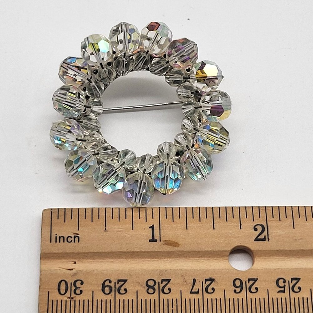 Vintage Aurora Borealis AB Beaded Circle Brooch Pin With Silver Tone Back - Picture 9 of 9